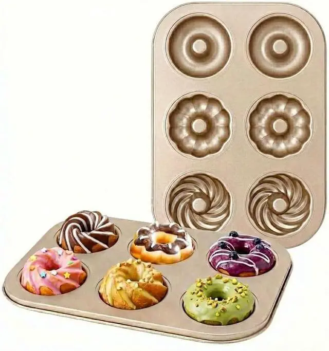 Main image of 6-Cavity Donut Pan for Baking, Non-Stick Carbon Steel Doughnut Molds with 3 Unique Shapes (Petal, Swirl & Classic), Heavy-Duty Bagel & Mini Bundt Tray, Champagne Gold