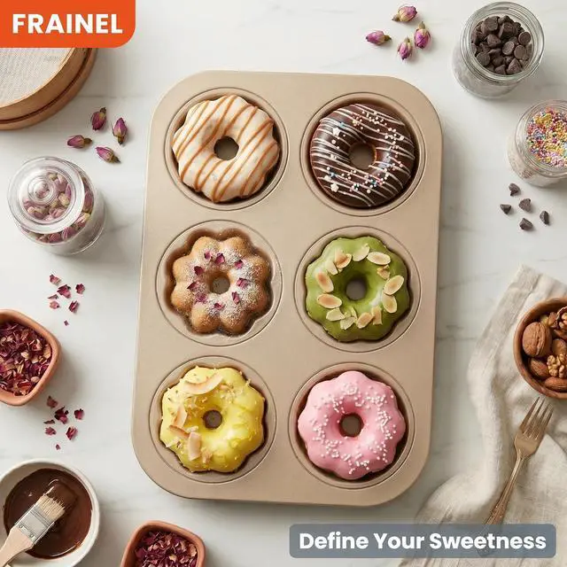 Alt view image 3 of 7 - 6-Cavity Donut Pan for Baking, Non-Stick Carbon Steel Doughnut Molds with 3 Unique Shapes (Petal, Swirl & Classic), Heavy-Duty Bagel & Mini Bundt Tray, Champagne Gold