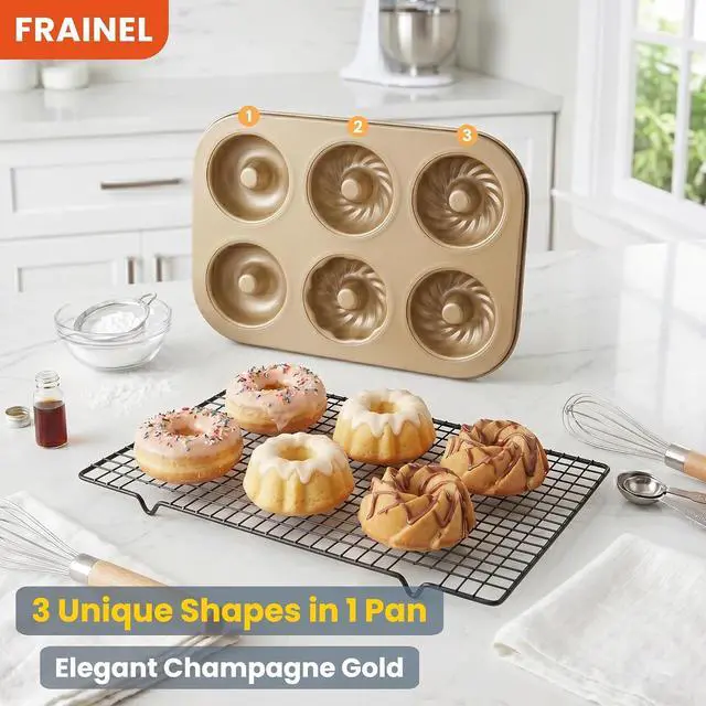 Alt view image 4 of 7 - 6-Cavity Donut Pan for Baking, Non-Stick Carbon Steel Doughnut Molds with 3 Unique Shapes (Petal, Swirl & Classic), Heavy-Duty Bagel & Mini Bundt Tray, Champagne Gold