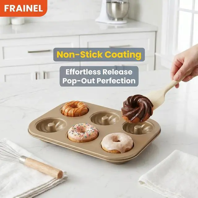 Alt view image 5 of 7 - 6-Cavity Donut Pan for Baking, Non-Stick Carbon Steel Doughnut Molds with 3 Unique Shapes (Petal, Swirl & Classic), Heavy-Duty Bagel & Mini Bundt Tray, Champagne Gold