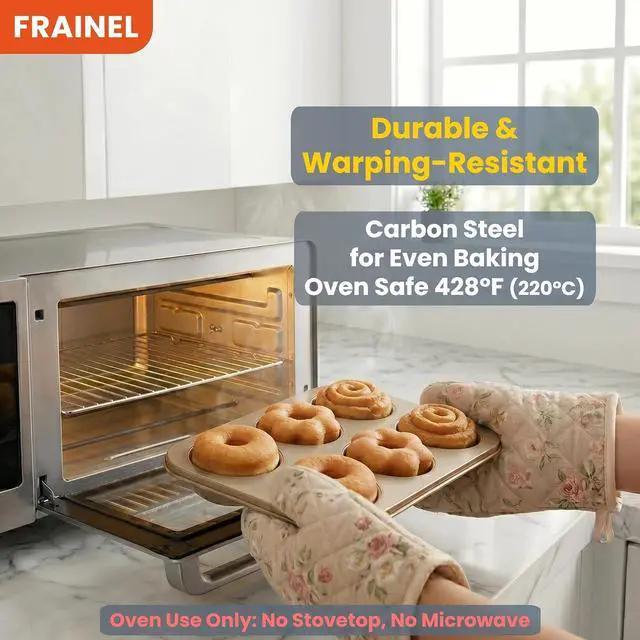 Alt view image 7 of 7 - 6-Cavity Donut Pan for Baking, Non-Stick Carbon Steel Doughnut Molds with 3 Unique Shapes (Petal, Swirl & Classic), Heavy-Duty Bagel & Mini Bundt Tray, Champagne Gold