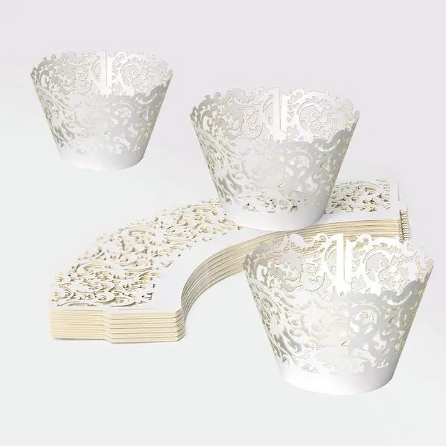Alt view image 3 of 7 - YOZATIA 60 White Vine Lace Cupcake Wrapper, Laser Cut Cupcake Liners for Weddings Birthdays Tea Parties and any Special Event- White