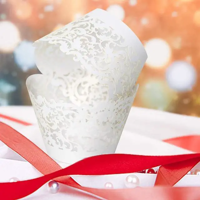 Alt view image 7 of 7 - YOZATIA 60 White Vine Lace Cupcake Wrapper, Laser Cut Cupcake Liners for Weddings Birthdays Tea Parties and any Special Event- White