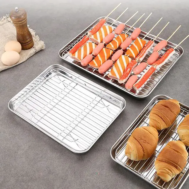 Alt view image 3 of 5 - Spuare Tray 2 Sets, 9.25 in x 6.9 in Stainless Steel, Flat Bottom, for Serving Trays Dish Plate Tea Fruit Trays Cosmetics Jewelry Plate Decorative Baking and Cooling Tray (M)