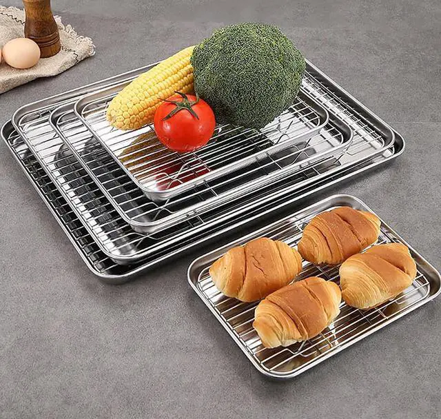 Alt view image 4 of 5 - Spuare Tray 2 Sets, 9.25 in x 6.9 in Stainless Steel, Flat Bottom, for Serving Trays Dish Plate Tea Fruit Trays Cosmetics Jewelry Plate Decorative Baking and Cooling Tray (M)