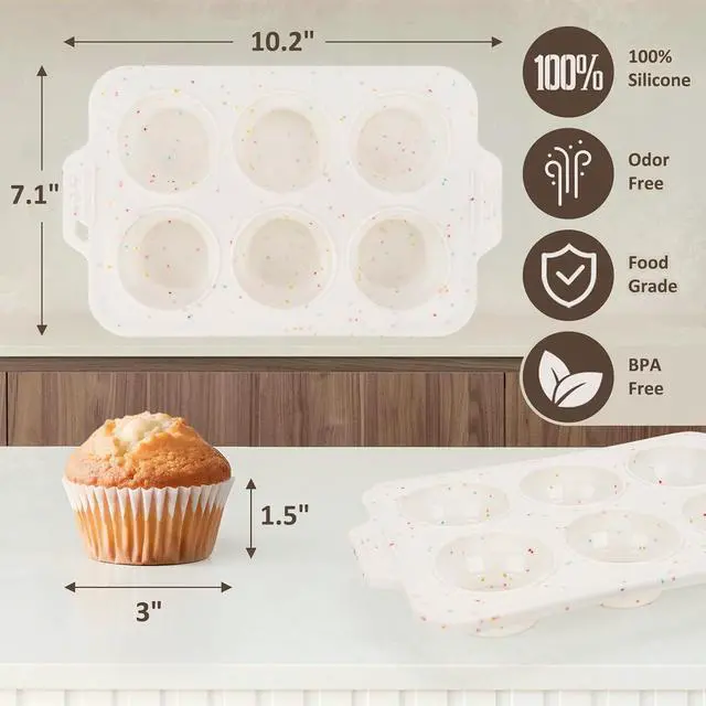 Alt view image 2 of 7 - 2 Pack Silicone Muffin Pan - Non Stick Collapsible Metal-Reinforced Frame Cupcake Pan with Handles 6 Cup Regular, BPA Free Cupcake and Medium Muffin Tray, Baking Pan Molds for Oven Dishwasher Safe