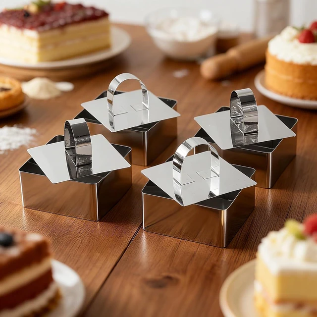 Alt view image 5 of 5 - Square Mousse Ring Set 4PCS with Pusher Stainless Steel Cake Mold for DIY Cheesecake Pastry Cookie Baking Dessert Tools(3.15 x 1.5Inch)