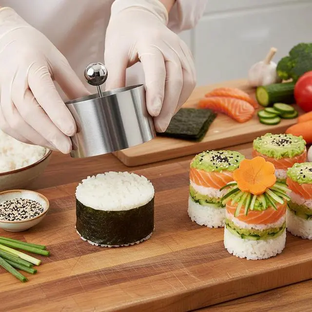 Alt view image 3 of 7 - Ring Molds for Cooking, Stainless Steel Onigiri Mold 3.1 Inch Mousse Cake Ring Mold Seamless Cake Cutter with Pusher for Making Sushi Baking Pastry Mousse Rings Dessert