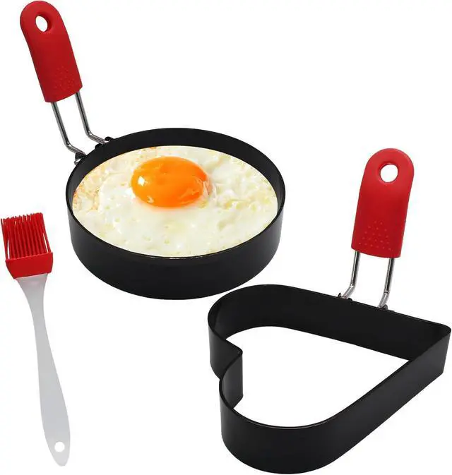 Main image of 2Pcs Egg Rings Set with Silicone Handle and Brush, 3.5Inch Circle&Heart Shaped Nonstick Egg Rings, Cooking Accessories for Breakfast Sandwiches, Pancakes