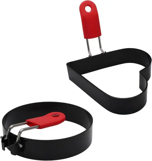 Alt view image 2 of 7 - 2Pcs Egg Rings Set with Silicone Handle and Brush, 3.5Inch Circle&Heart Shaped Nonstick Egg Rings, Cooking Accessories for Breakfast Sandwiches, Pancakes