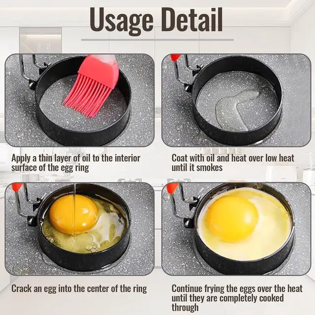 Alt view image 4 of 7 - 2Pcs Egg Rings Set with Silicone Handle and Brush, 3.5Inch Circle&Heart Shaped Nonstick Egg Rings, Cooking Accessories for Breakfast Sandwiches, Pancakes