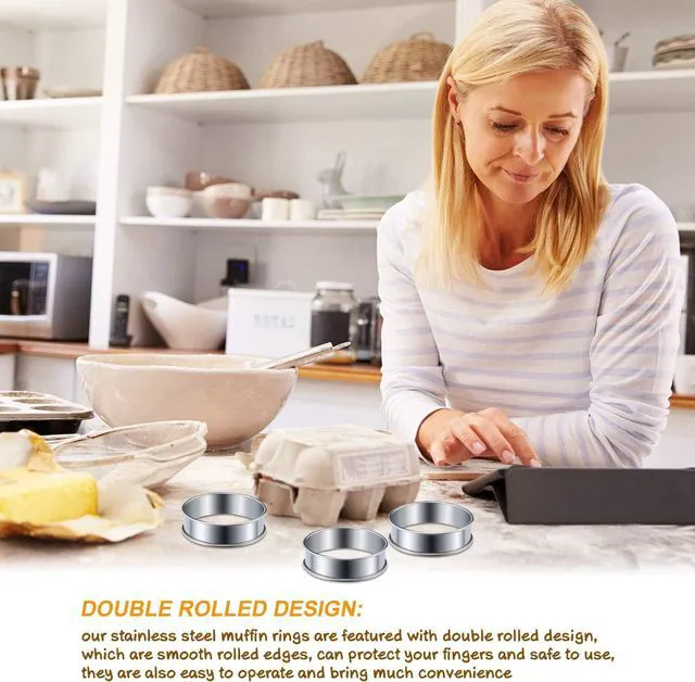 Alt view image 6 of 7 - 6 Pcs English Muffin Crumpet Rings 3.15 Inch Double Rolled Tart Ring Stainless Steel Nonstick Metal Round Mold for Home Food Making Tool