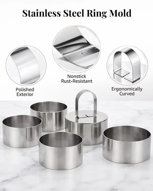 Alt view image 3 of 7 - Ring Molds for Cooking, 3'' Stainless Steel Food Rings with Pusher