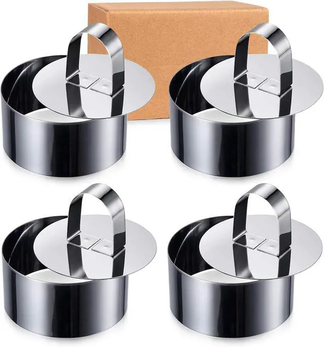 Main image of Cake Mold Stainless Steel Round Ring Molds, 3Inch Food Rings Dessert Mousse Molds Cooking with Pushers for Pastry Baking (4 Rings and 4 Pushers)