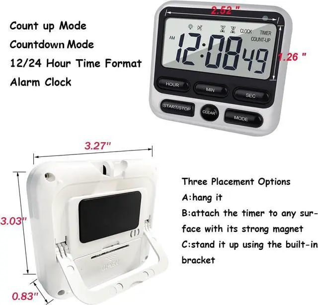 Alt view image 2 of 7 - Digital Dual Kitchen Timer with Strong Magnet,24-Hour Countdown & Stopwatch,Loud Alarm,12/24 Hour Clock Switch,Calendar,Visual Indicator Light,Mute Option,3 Placement Options (Batteries Included)