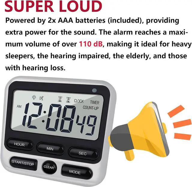 Alt view image 3 of 7 - Digital Dual Kitchen Timer with Strong Magnet,24-Hour Countdown & Stopwatch,Loud Alarm,12/24 Hour Clock Switch,Calendar,Visual Indicator Light,Mute Option,3 Placement Options (Batteries Included)