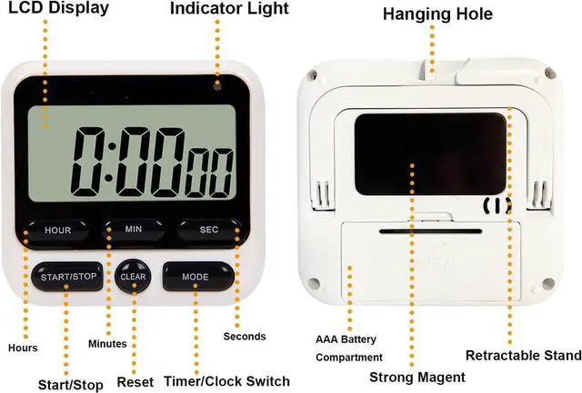 Alt view image 4 of 7 - Digital Dual Kitchen Timer with Strong Magnet,24-Hour Countdown & Stopwatch,Loud Alarm,12/24 Hour Clock Switch,Calendar,Visual Indicator Light,Mute Option,3 Placement Options (Batteries Included)