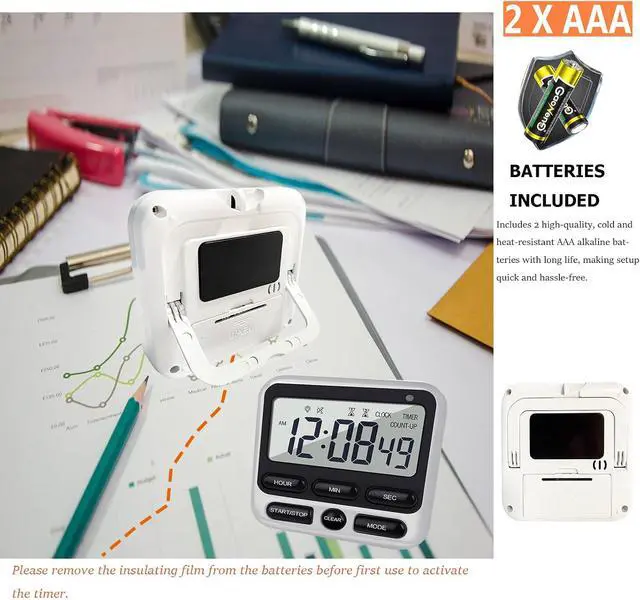 Alt view image 5 of 7 - Digital Dual Kitchen Timer with Strong Magnet,24-Hour Countdown & Stopwatch,Loud Alarm,12/24 Hour Clock Switch,Calendar,Visual Indicator Light,Mute Option,3 Placement Options (Batteries Included)