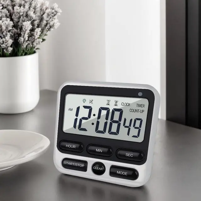 Alt view image 6 of 7 - Digital Dual Kitchen Timer with Strong Magnet,24-Hour Countdown & Stopwatch,Loud Alarm,12/24 Hour Clock Switch,Calendar,Visual Indicator Light,Mute Option,3 Placement Options (Batteries Included)