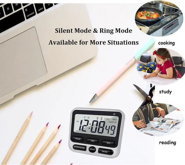 Alt view image 7 of 7 - Digital Dual Kitchen Timer with Strong Magnet,24-Hour Countdown & Stopwatch,Loud Alarm,12/24 Hour Clock Switch,Calendar,Visual Indicator Light,Mute Option,3 Placement Options (Batteries Included)