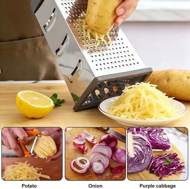 Alt view image 3 of 7 - Cheese Grater, 4 Sided Stainless Steel Box Grater, Vegetable Slicer with Non-Slip Base, Kitchen Food Shredder for Block Cheese Vegetables, Dishwasher Safe