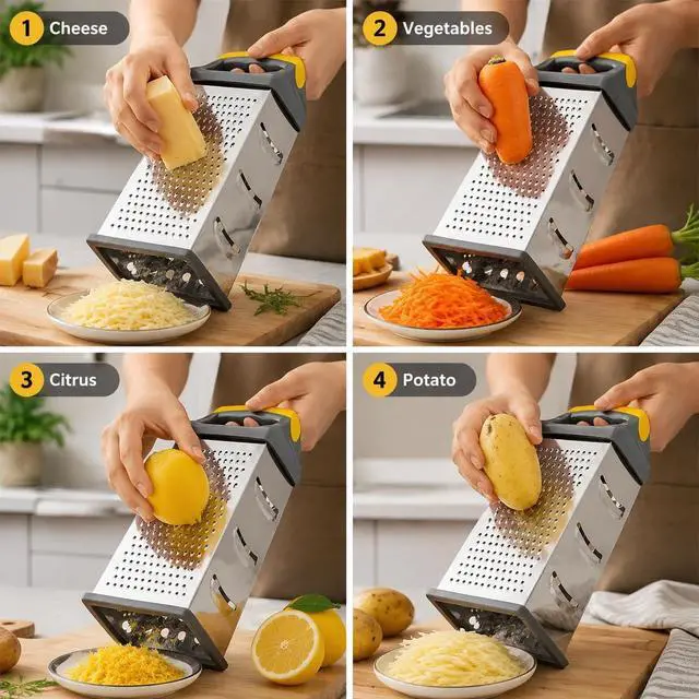 Alt view image 4 of 7 - Cheese Grater, 4 Sided Stainless Steel Box Grater, Vegetable Slicer with Non-Slip Base, Kitchen Food Shredder for Block Cheese Vegetables, Dishwasher Safe