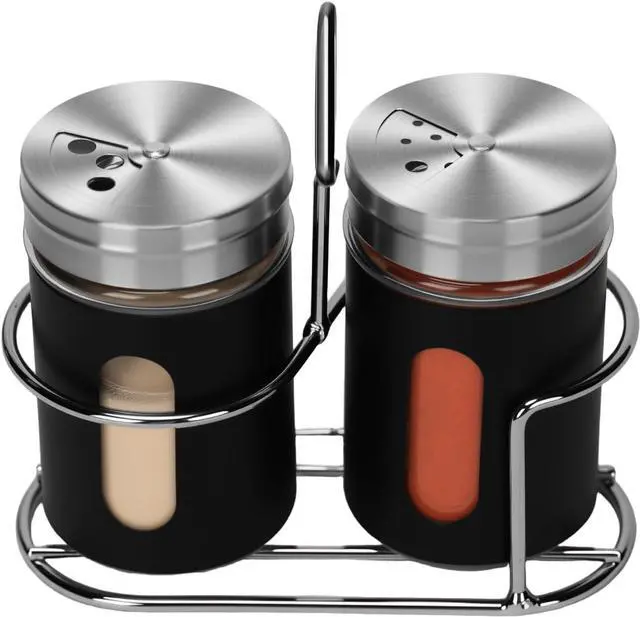 Main image of Glass Salt and Pepper Shaker Set with Seasoning Rack, Spice Rack, Adjustable Pour Hole Stainless Steel Lid, 2.8 oz, Spice Dispenser for Salt, Pepper, Spice Preservation (black)