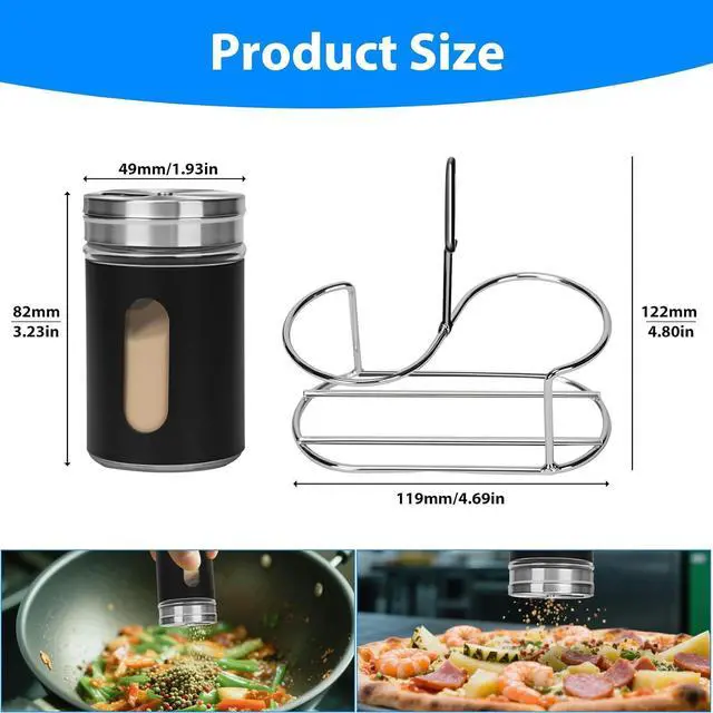Alt view image 2 of 7 - Glass Salt and Pepper Shaker Set with Seasoning Rack, Spice Rack, Adjustable Pour Hole Stainless Steel Lid, 2.8 oz, Spice Dispenser for Salt, Pepper, Spice Preservation (black)