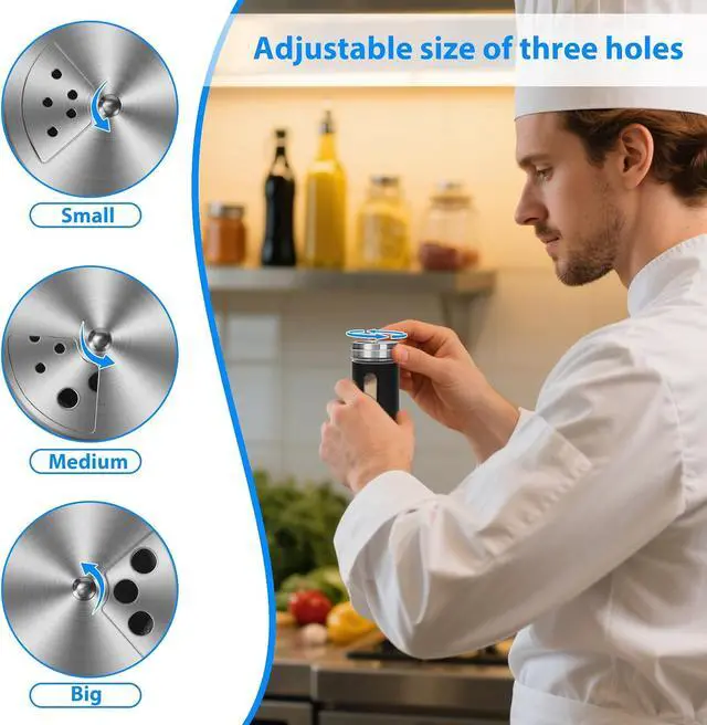 Alt view image 3 of 7 - Glass Salt and Pepper Shaker Set with Seasoning Rack, Spice Rack, Adjustable Pour Hole Stainless Steel Lid, 2.8 oz, Spice Dispenser for Salt, Pepper, Spice Preservation (black)