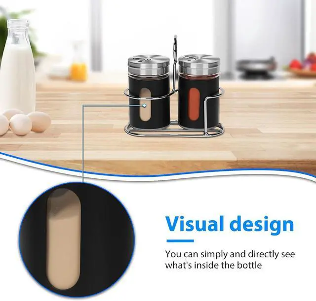 Alt view image 4 of 7 - Glass Salt and Pepper Shaker Set with Seasoning Rack, Spice Rack, Adjustable Pour Hole Stainless Steel Lid, 2.8 oz, Spice Dispenser for Salt, Pepper, Spice Preservation (black)