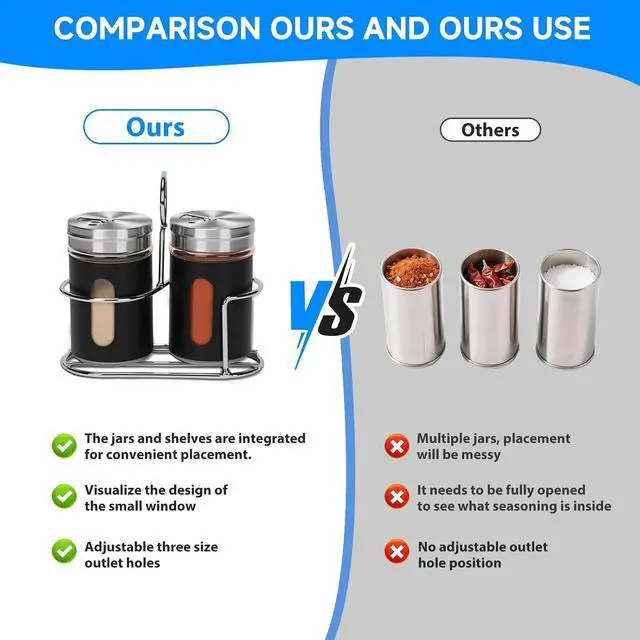Alt view image 5 of 7 - Glass Salt and Pepper Shaker Set with Seasoning Rack, Spice Rack, Adjustable Pour Hole Stainless Steel Lid, 2.8 oz, Spice Dispenser for Salt, Pepper, Spice Preservation (black)