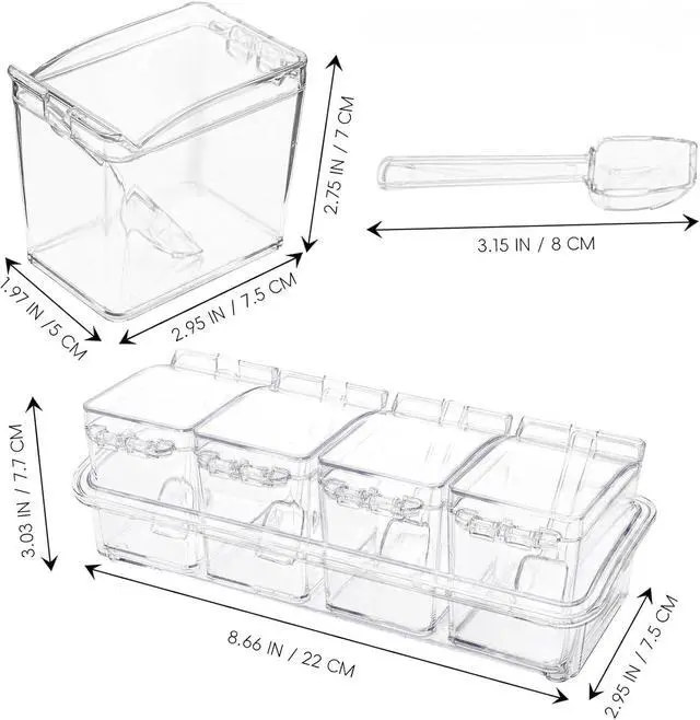Alt view image 2 of 6 - Clear Seasoning Box, 4 Pieces Acrylic Seasoning Rack Spice Jars with Spoons,Storage Container Condiment Jars - Cruet with Cover