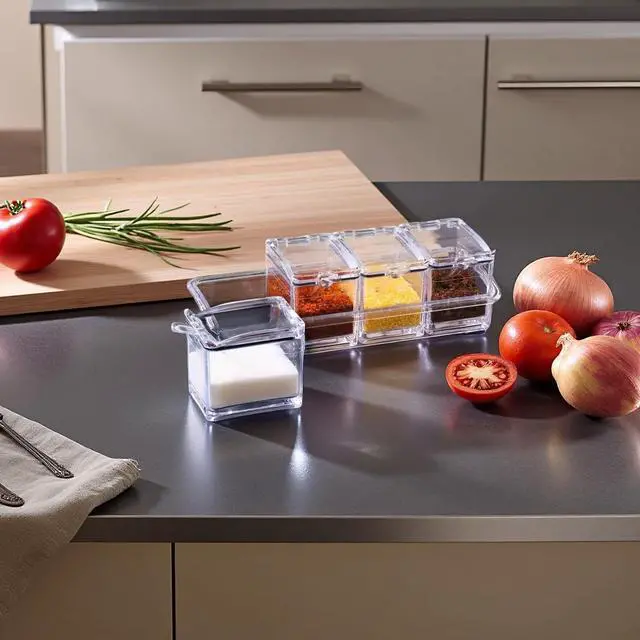Alt view image 4 of 6 - Clear Seasoning Box, 4 Pieces Acrylic Seasoning Rack Spice Jars with Spoons,Storage Container Condiment Jars - Cruet with Cover