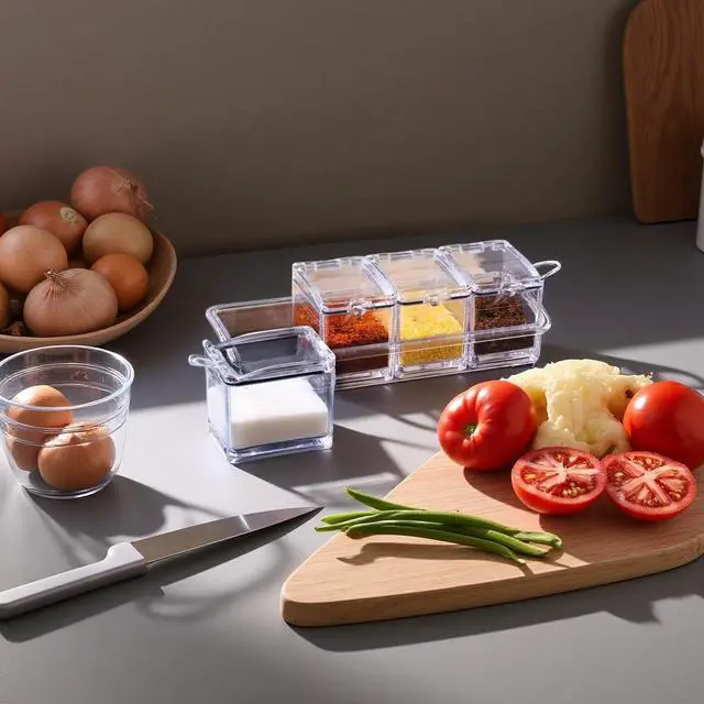 Alt view image 5 of 6 - Clear Seasoning Box, 4 Pieces Acrylic Seasoning Rack Spice Jars with Spoons,Storage Container Condiment Jars - Cruet with Cover