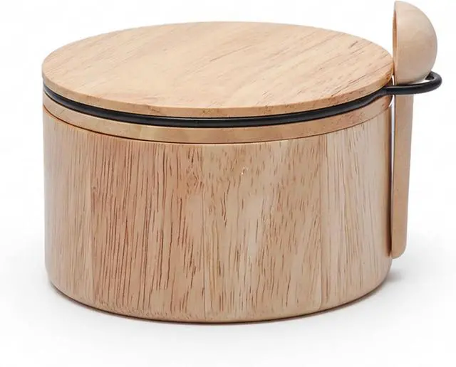 Alt view image 8 of 14 - Wooden Salt Cellar with Lid & Spoon, - 6 Oz Rubberwood Flaky Salt Container | Wooden Salt box with magnetic swivel lid, 6 oz capacity and side-mounted wooden spoon holder for convenient seasoning stor