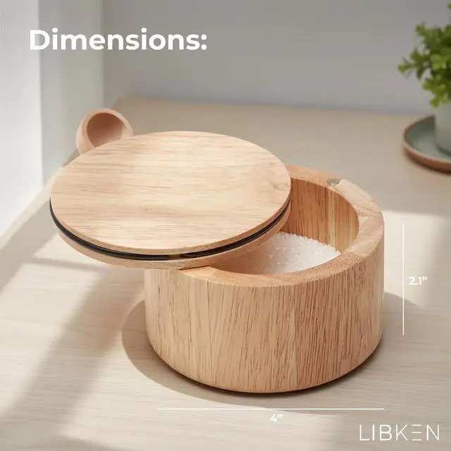 Alt view image 10 of 14 - Wooden Salt Cellar with Lid & Spoon, - 6 Oz Rubberwood Flaky Salt Container | Wooden Salt box with magnetic swivel lid, 6 oz capacity and side-mounted wooden spoon holder for convenient seasoning stor