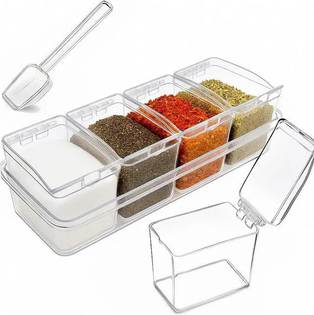 Main image of Clear Seasoning Box, 4 Pieces Seasoning Rack Spice Pots with Lids and Spoons, Toppings Containers, Acrylic Seasoning Box for Salt Spice, Pepper, Sugar, Cardamon, Cinnamon