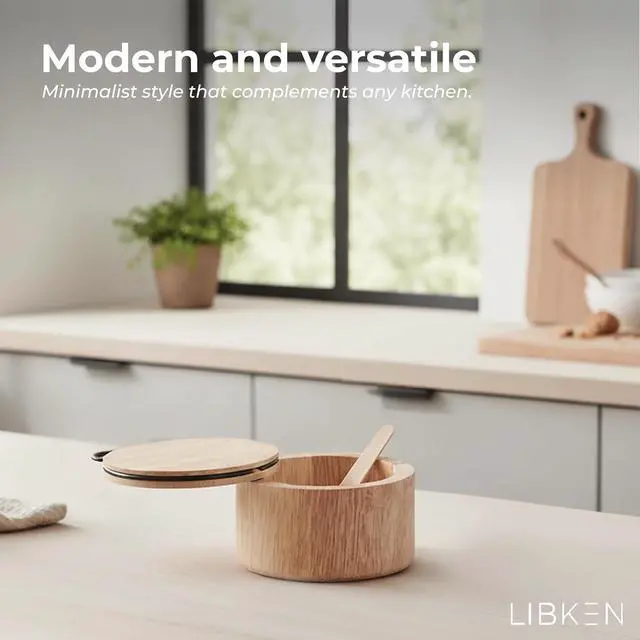 Alt view image 14 of 14 - Wooden Salt Cellar with Lid & Spoon, - 6 Oz Rubberwood Flaky Salt Container | Wooden Salt box with magnetic swivel lid, 6 oz capacity and side-mounted wooden spoon holder for convenient seasoning stor
