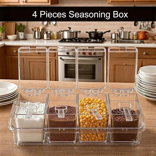 Alt view image 2 of 7 - Clear Seasoning Box, 4 Pieces Seasoning Rack Spice Pots with Lids and Spoons, Toppings Containers, Acrylic Seasoning Box for Salt Spice, Pepper, Sugar, Cardamon, Cinnamon
