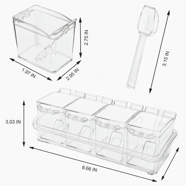 Alt view image 3 of 7 - Clear Seasoning Box, 4 Pieces Seasoning Rack Spice Pots with Lids and Spoons, Toppings Containers, Acrylic Seasoning Box for Salt Spice, Pepper, Sugar, Cardamon, Cinnamon