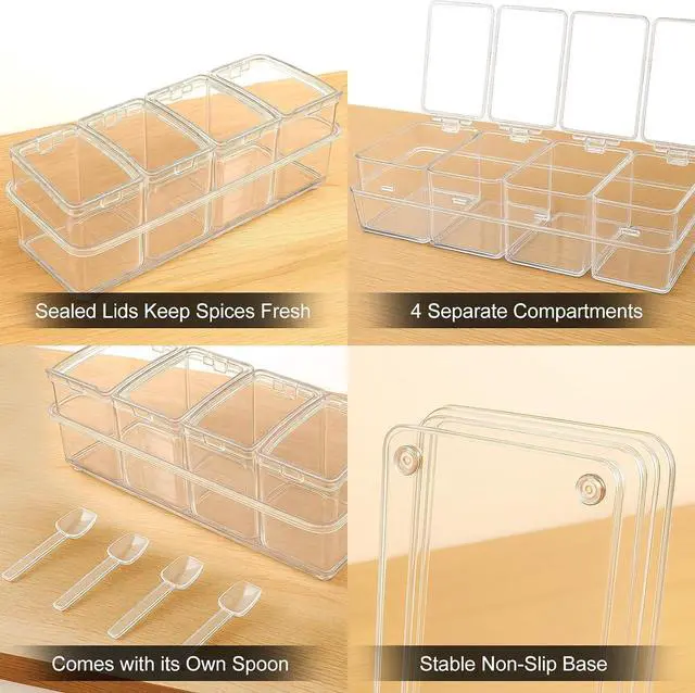 Alt view image 4 of 7 - Clear Seasoning Box, 4 Pieces Seasoning Rack Spice Pots with Lids and Spoons, Toppings Containers, Acrylic Seasoning Box for Salt Spice, Pepper, Sugar, Cardamon, Cinnamon