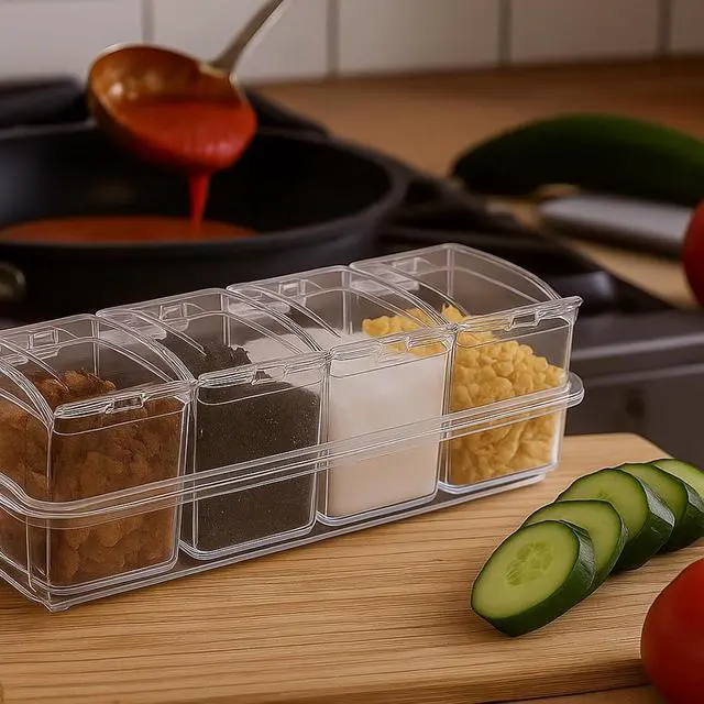 Alt view image 5 of 7 - Clear Seasoning Box, 4 Pieces Seasoning Rack Spice Pots with Lids and Spoons, Toppings Containers, Acrylic Seasoning Box for Salt Spice, Pepper, Sugar, Cardamon, Cinnamon