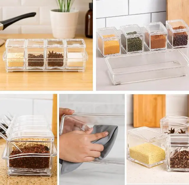 Alt view image 6 of 7 - Clear Seasoning Box, 4 Pieces Seasoning Rack Spice Pots with Lids and Spoons, Toppings Containers, Acrylic Seasoning Box for Salt Spice, Pepper, Sugar, Cardamon, Cinnamon