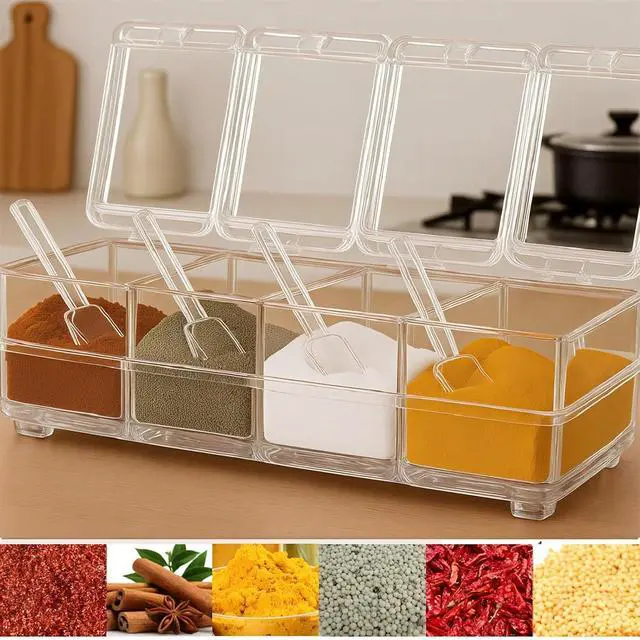 Alt view image 7 of 7 - Clear Seasoning Box, 4 Pieces Seasoning Rack Spice Pots with Lids and Spoons, Toppings Containers, Acrylic Seasoning Box for Salt Spice, Pepper, Sugar, Cardamon, Cinnamon