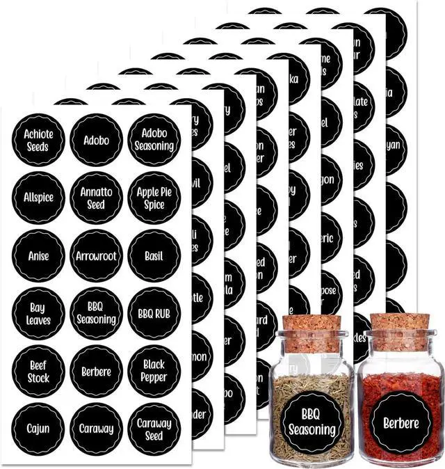 Main image of Andiker 144Pcs Spice Jar Labels, Preprinted Self-Adhesive Spice Jar Stickers, Waterproof Seasoning Label Stickers for Jars Bottles and Containers (Round, Black)