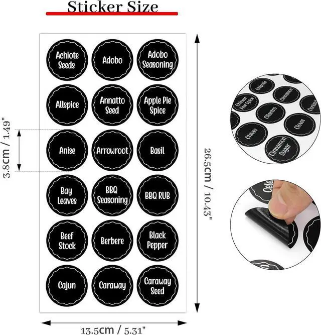 Alt view image 2 of 7 - Andiker 144Pcs Spice Jar Labels, Preprinted Self-Adhesive Spice Jar Stickers, Waterproof Seasoning Label Stickers for Jars Bottles and Containers (Round, Black)