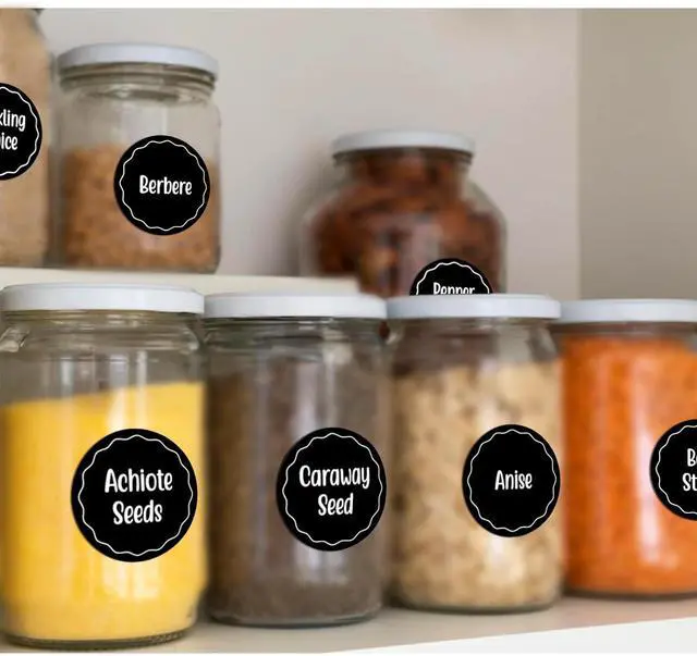 Alt view image 4 of 7 - Andiker 144Pcs Spice Jar Labels, Preprinted Self-Adhesive Spice Jar Stickers, Waterproof Seasoning Label Stickers for Jars Bottles and Containers (Round, Black)