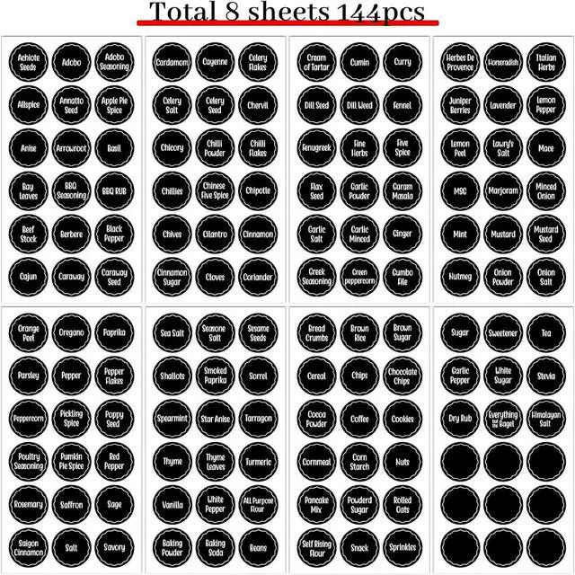 Alt view image 3 of 7 - Andiker 144Pcs Spice Jar Labels, Preprinted Self-Adhesive Spice Jar Stickers, Waterproof Seasoning Label Stickers for Jars Bottles and Containers (Round, Black)