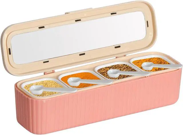 Main image of Clear Seasoning Box, 4 Packs Seasoning Rack Spice Pots, Condiment Jars Seasoning Box with Clear Covers and Spoons for Spice, Sugar, Salt, Pepper, Garlic Powder (Pink)