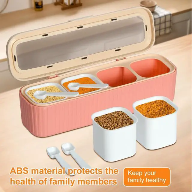 Alt view image 2 of 7 - Clear Seasoning Box, 4 Packs Seasoning Rack Spice Pots, Condiment Jars Seasoning Box with Clear Covers and Spoons for Spice, Sugar, Salt, Pepper, Garlic Powder (Pink)